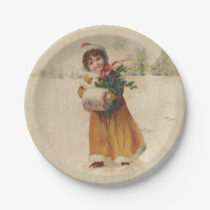 Assiettes En Carton Antique Fille de Noël Enfant d'hiver