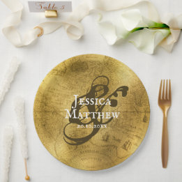 Assiettes En Carton Antique Gold Metallic Old Map Mariage