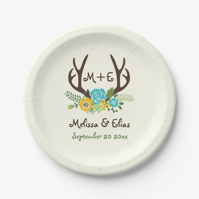 Assiettes En Carton Antlers & bleu aqua, fleurs jaunes mariage rustiqu (Devant)