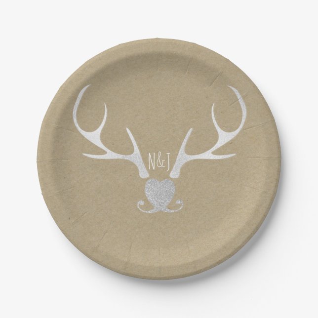 Assiettes En Carton Antlers en argent blanc et Mariage en papier Brown (Devant)