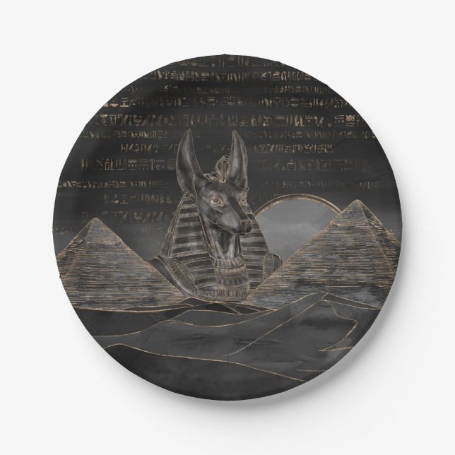 Assiettes En Carton Anubis sur le paysage égyptien de pyramides (Devant)