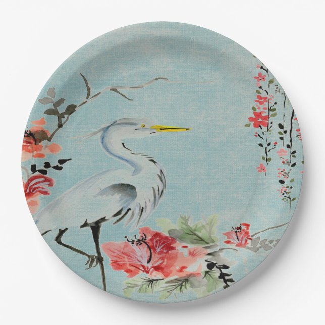 Assiettes En Carton Aqua asiatique   de fleur de grue de plaque à (Devant)