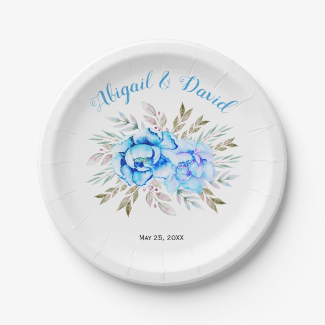 Assiettes En Carton Aqua bleu aquarelle fleurs mariage (Devant)
