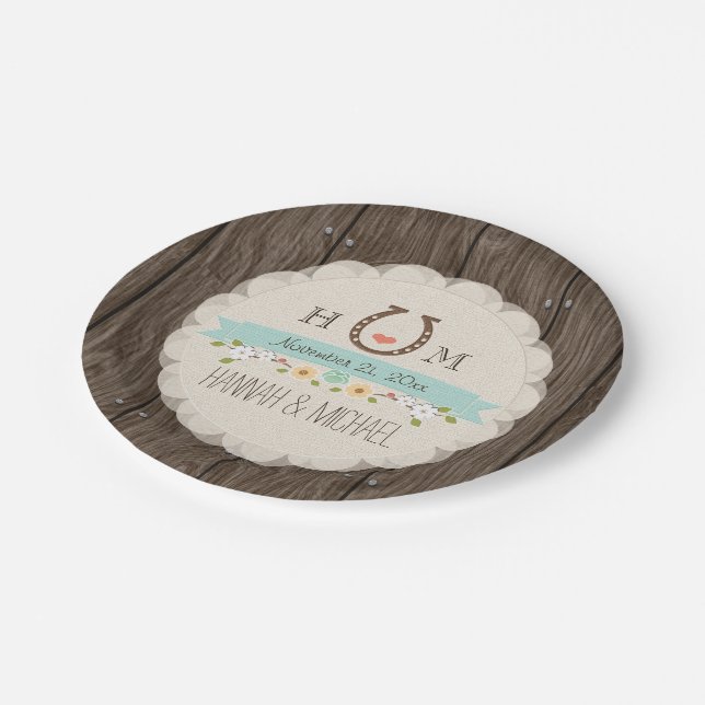 Assiettes En Carton Aqua Blue Monogrammed Horseshoe Mariage cardiaque (Angle)