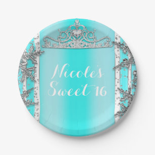 Assiettes En Carton Aqua Blue & Silver Winter Wonderland Snowflakes