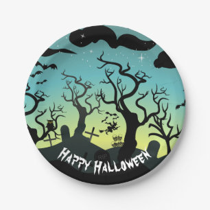 Assiettes En Carton Aqua et cimetière jaune hanté Halloween