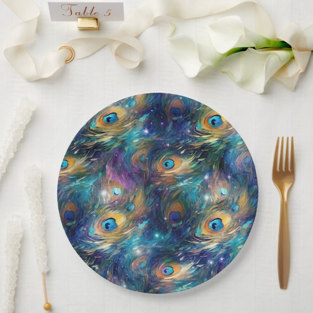 Assiettes En Carton Aqua Plumes Peacock Peint Bleu (Mariage)