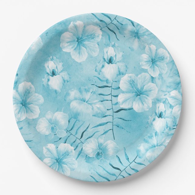 Assiettes En Carton Aqua tropical Orchidées blanches Hibiscus Floral (Devant)