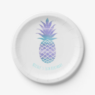 Assiettes En Carton Aqua Turquoise & Purple Ananas Tropical Chic Party