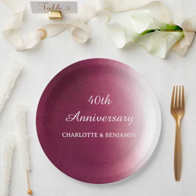 Assiettes En Carton Aquarelle 40 ans Anniversaire Ruby Mariage (Mariage)