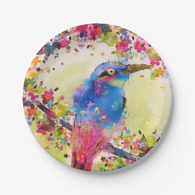 Assiettes En Carton Aquarelle à fleurs d'ornithologie dorée (Devant)