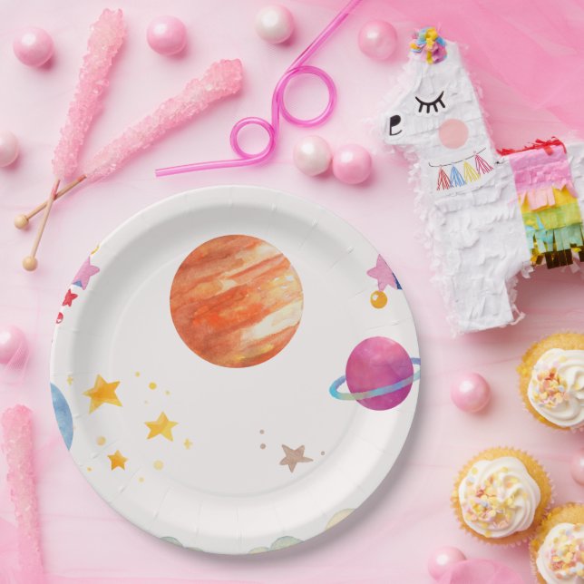 Assiettes En Carton Aquarelle à thème de l'espace - Lumière (Fête)