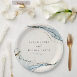 Assiettes En Carton Aquarelle Abstraite Blue Gold Mariage de plage