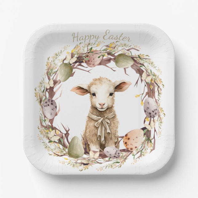 Assiettes En Carton Aquarelle Agneau de Pâques Personnalisé (Recto)