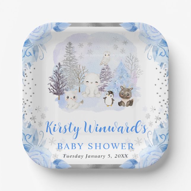 Assiettes En Carton Aquarelle Animaux arctiques Baby shower floral (Recto)