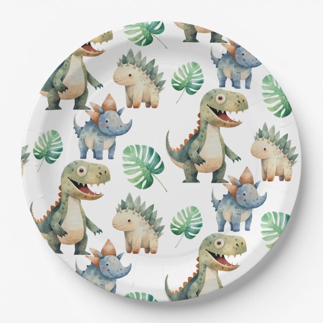 Assiettes En Carton Aquarelle Anniversaire de enfant Dinosaur (Devant)