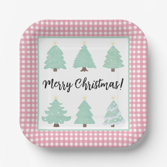Assiettes En Carton Aquarelle Arbres de Noël avec Carré rose (Recto)