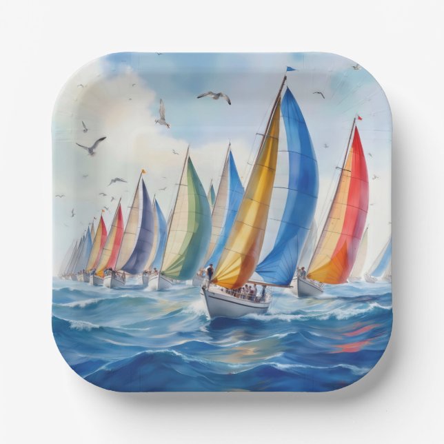 Assiettes En Carton Aquarelle Artwork Voilier Regatta (Recto)