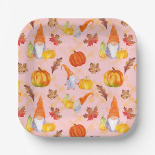 Assiettes En Carton Aquarelle Automne Gnomes, Citrouille Et Feuille