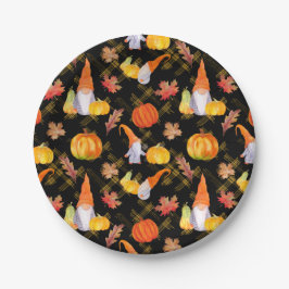 Assiettes En Carton Aquarelle Automne Gnomes, Citrouille Et Feuille