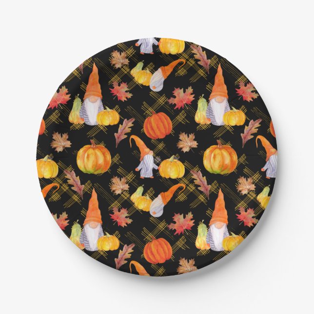 Assiettes En Carton Aquarelle Automne Gnomes, Citrouille Et Feuille (Devant)