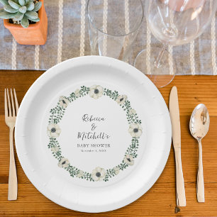 Assiettes En Carton Aquarelle baby shower de couronne de fleurs blanch