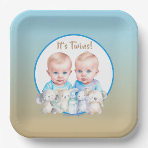 Assiettes En Carton Aquarelle Baby shower du garçon Twin Animaux
