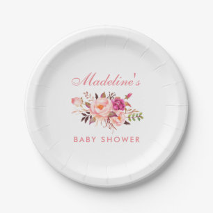 Assiettes En Carton Aquarelle Baby shower floral rose