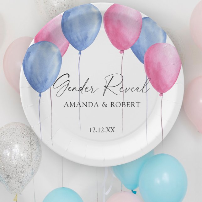Assiettes En Carton Aquarelle Balloons Révélation de genre (Créateur téléchargé)