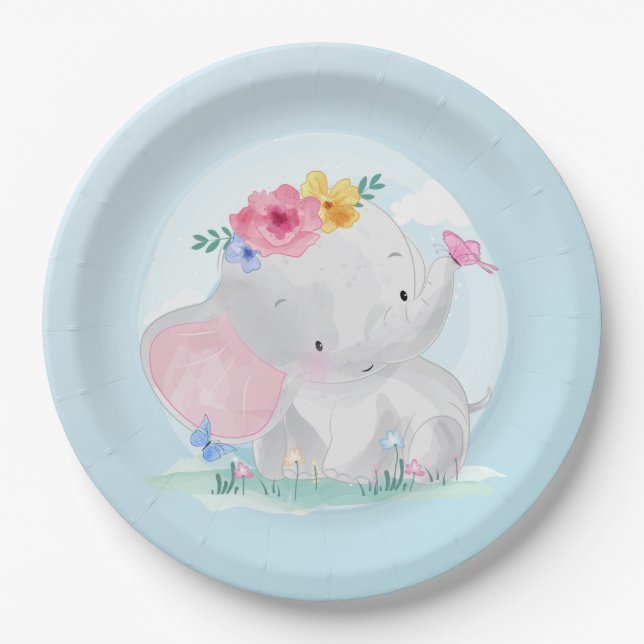 Assiettes En Carton Aquarelle bébé éléphant (Devant)