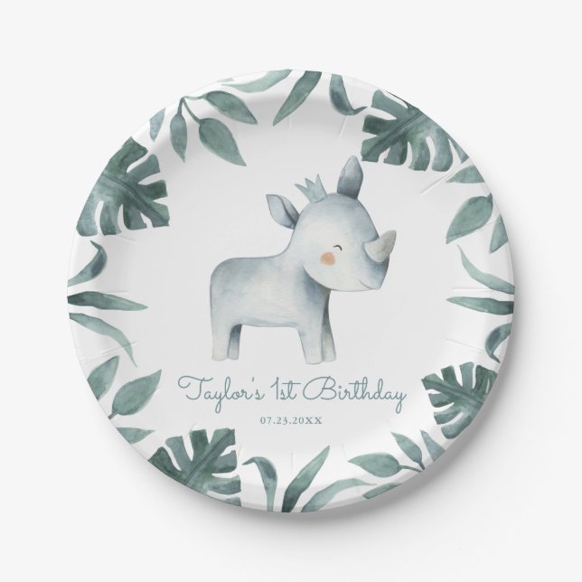 Assiettes En Carton Aquarelle Bébé Rhinoceros Prince Tropical (Devant)