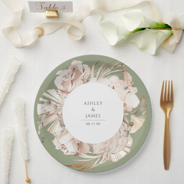 Assiettes En Carton Aquarelle beige botanique fleuri jardin mariage p (Mariage)