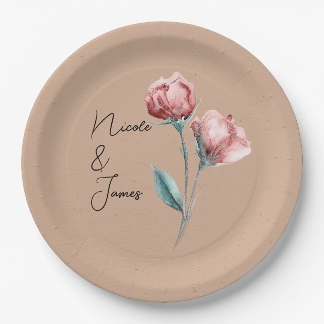 Assiettes En Carton Aquarelle Beige Peachy Mariage (Devant)