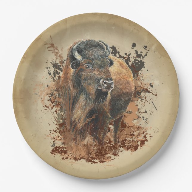 Assiettes En Carton Aquarelle Bison Buffle Animaux Nature (Devant)