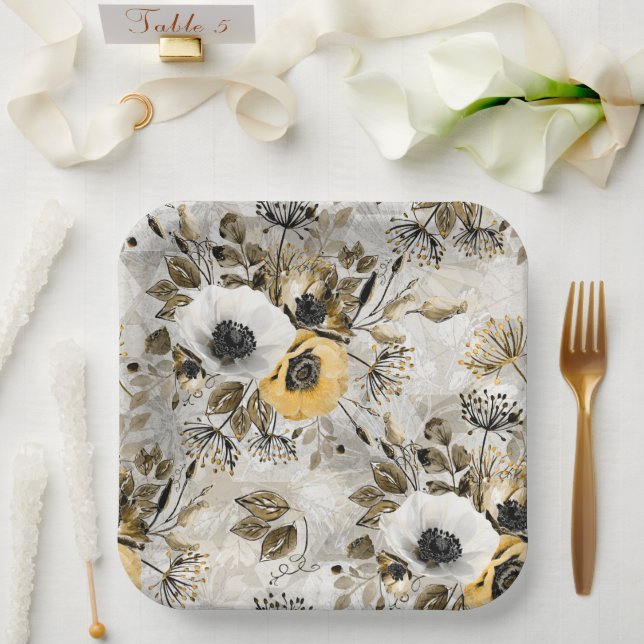 Assiettes En Carton Aquarelle blanche, fleurs jaunes (Mariage)