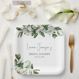 Assiettes En Carton Aquarelle blanche Magnolia Fête des mariées verte