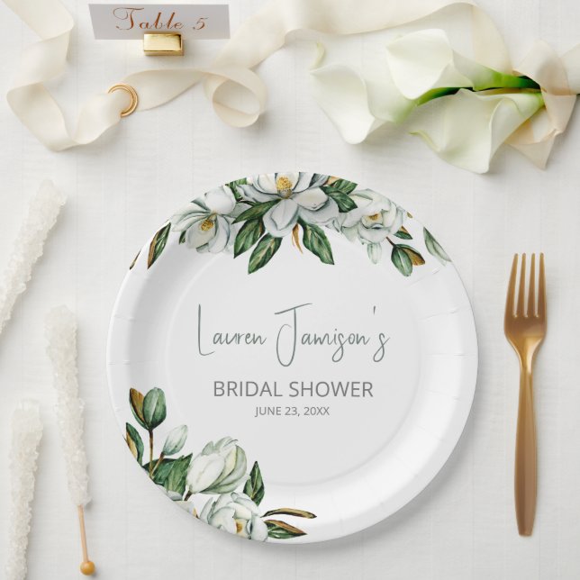 Assiettes En Carton Aquarelle blanche Magnolia Fête des mariées verte (Mariage)