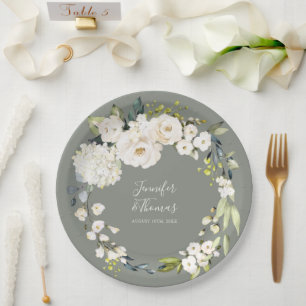 Assiettes En Carton Aquarelle blanche Mariage vert Sage