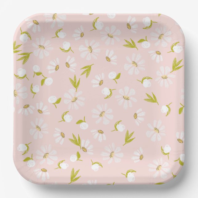 Assiettes En Carton Aquarelle blanche sur rose (Recto)