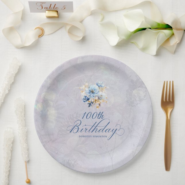 Assiettes En Carton Aquarelle Bleu Blanc Floral 100e anniversaire (Mariage)