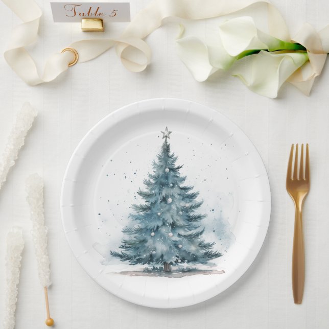 Assiettes En Carton Aquarelle Bleu et argent Winter Wonderland (Mariage)