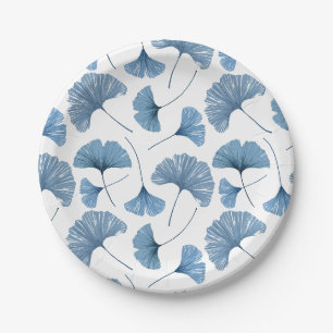 Assiettes En Carton Aquarelle bleu et blanc Gingko Motif de feuillage