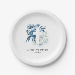 Assiettes En Carton aquarelle bleu floral baptême