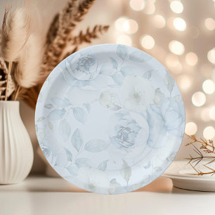 Assiettes En Carton Aquarelle bleu floral minimaliste mariage