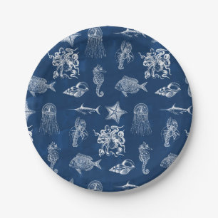 Assiettes En Carton Aquarelle bleu marine Océan Animaux marins