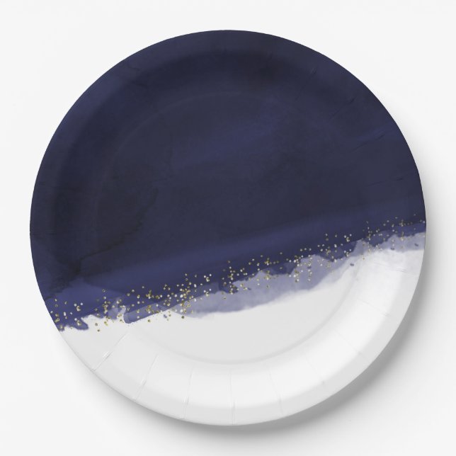 Assiettes En Carton Aquarelle bleu marine & or Moderne Chic Élégant (Devant)