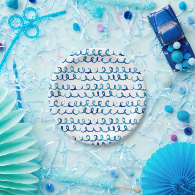 Assiettes En Carton Aquarelle bleu peinte à la main Motif ondulé (Fête)