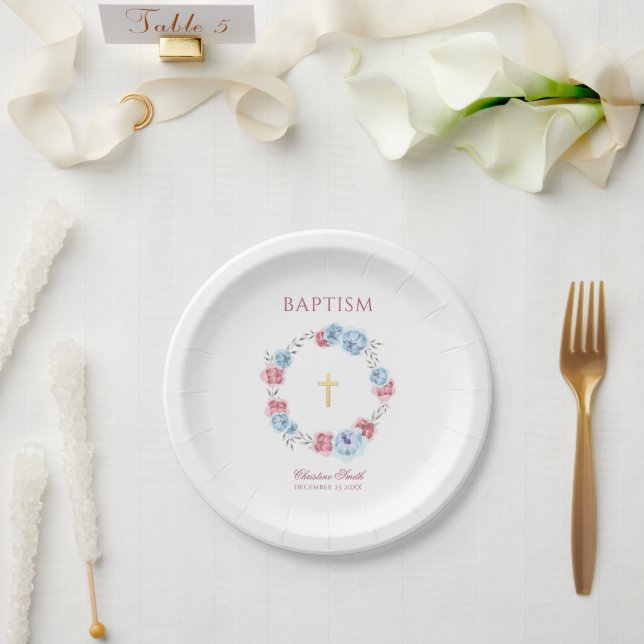 Assiettes En Carton Aquarelle bleu rose floral Baptême Christening (Mariage)