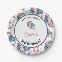 Aquarelle bleu rose Sirène Chat Fille Anniversaire