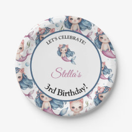 Assiettes En Carton Aquarelle bleu rose Sirène Chat Fille Anniversaire